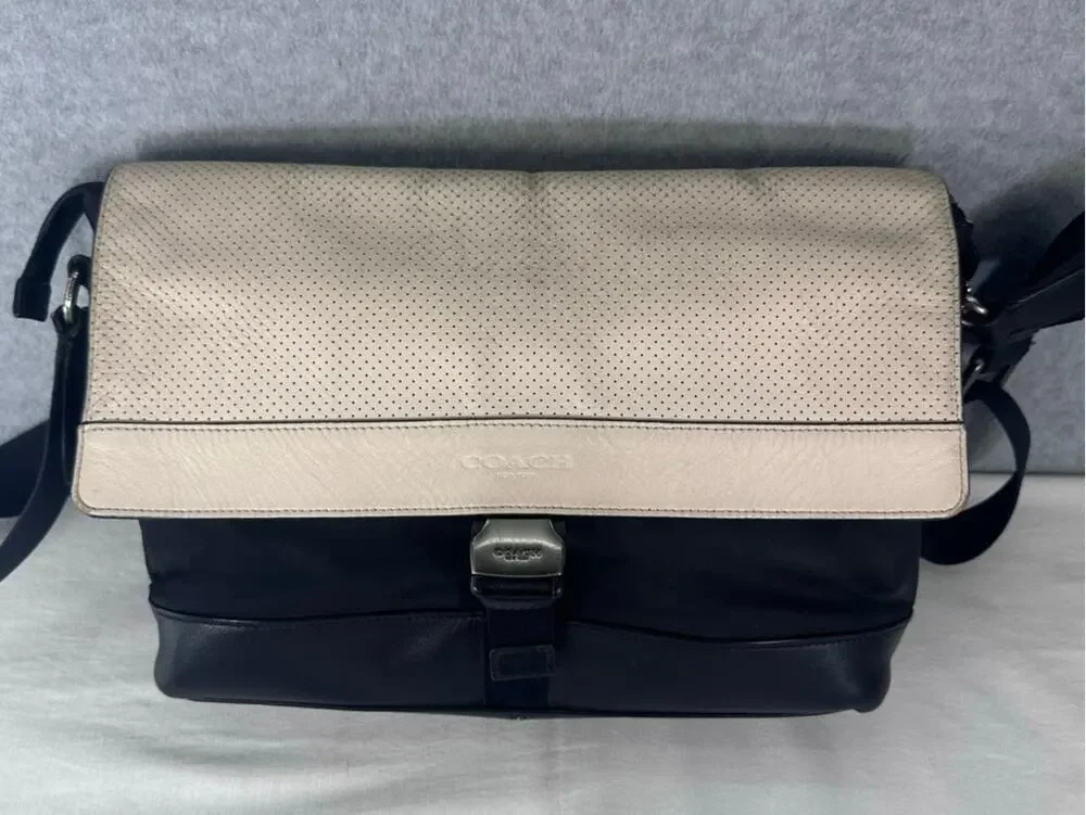 Coach Bike Bag Off White Leather & Black Nylon Messenger Bag Adj. Strap F71968
